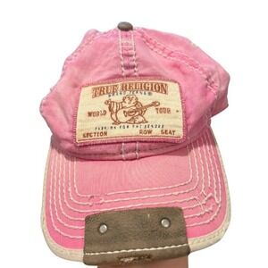 True Religion Brand Jeans Pink World Tour Trucker Hat Adjustable Distressed Logo